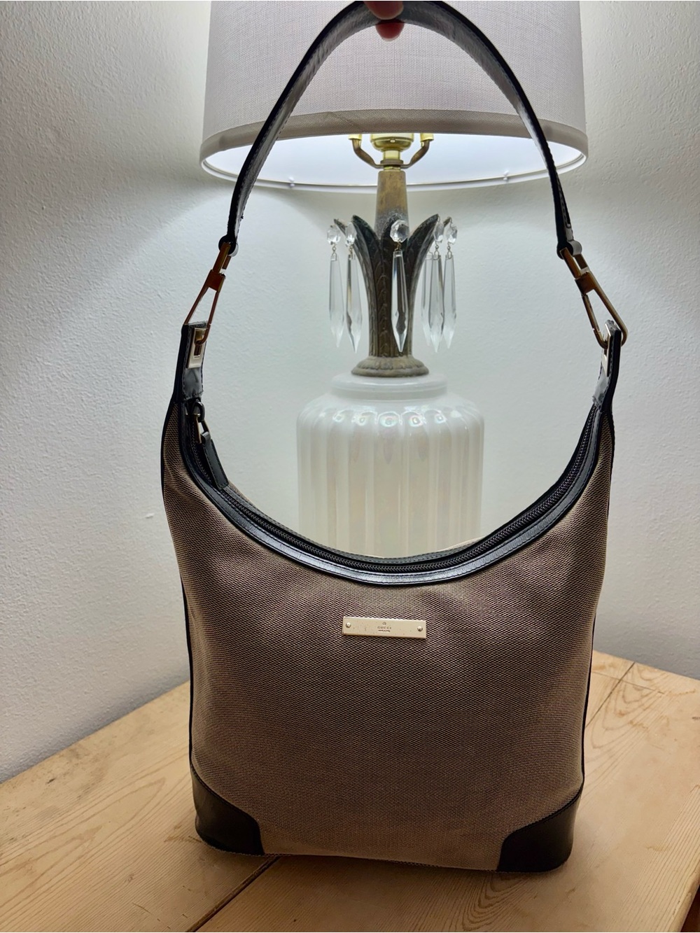 GUCCI Tom Ford Canvas Hobo Shoulder Bag Taupe w/ Black Trim, GUC